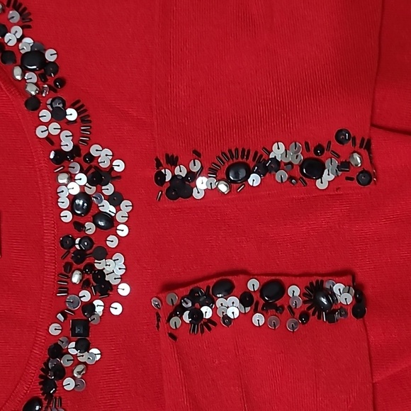 Ruby Rd Vibrant Red Knit Top with Sequins & Beaded Neckline & Cuffs size XL - Picture 5 of 8